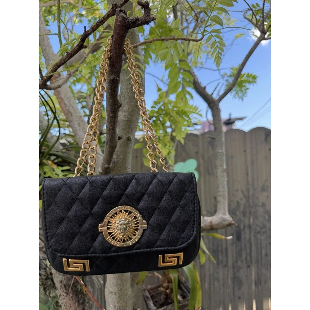 Black Quilted Chain Shoulder Bag Gold Sun Medallion Paris New York Tokyo Rome